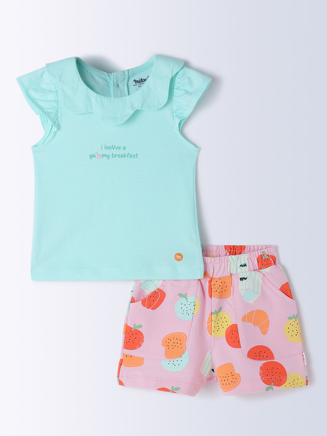 Milou Kids Cotton Bio Washed Self-Designed Top & Shorts Co-ord Set for Girls - Aqua & Pink