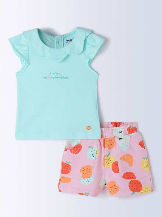 Milou Kids Cotton Bio Washed Self-Designed Top & Shorts Co-ord Set for Girls - Aqua & Pink