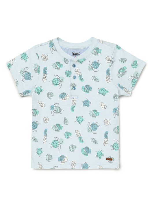 Milou Kids Half Sleeve Cotton Bio Washed Printed T-Shirt for Boys -Chambray Blue