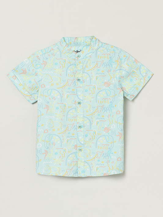 Milou Boys Mandarin Collar Printed Half Sleeve Shirt Mint Green Print