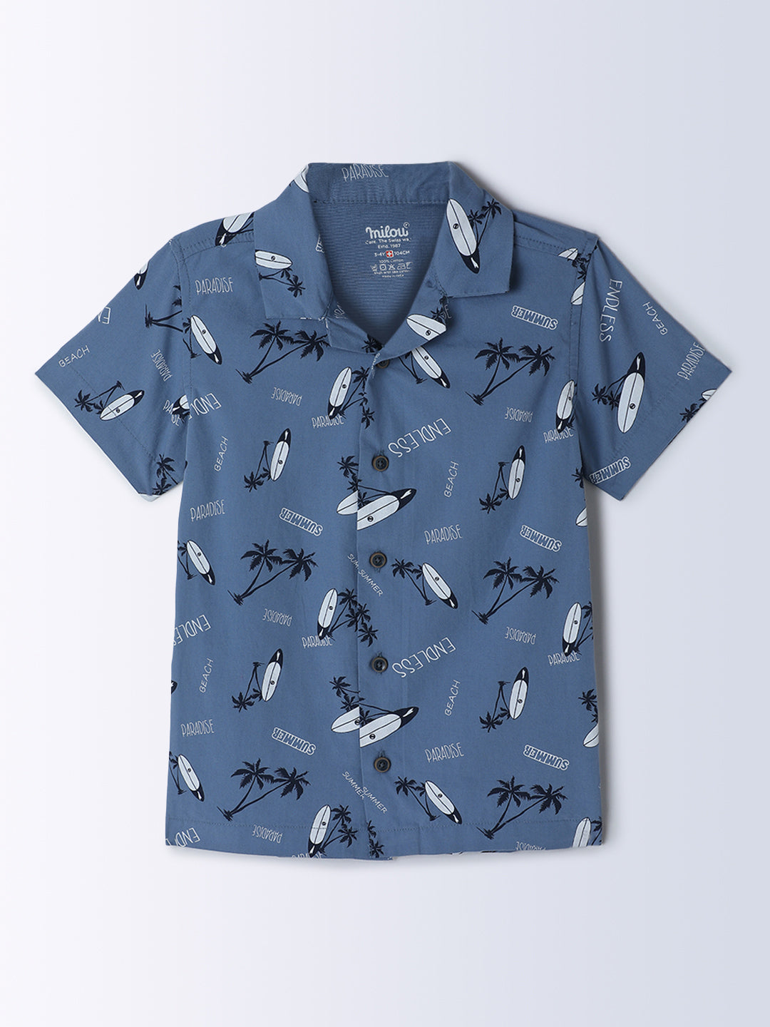 Milou Kids Cotton Half Sleeves All Over Printed Resort Collar Bio Washed Shirt for Boys SH-CU002