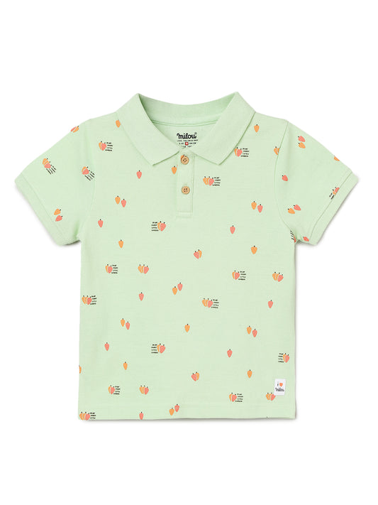 Milou Kids Half Sleeve Cotton Bio Washed Green Coloured Printed Polo T-Shirt for Boys -Pastel Green