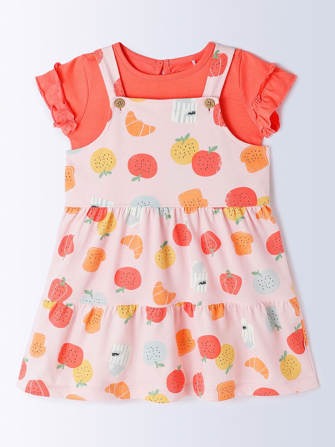 Milou Kids Cotton Bio Washed Printed Pinafore Set for Girls - Pink