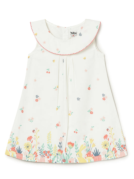 Milou Kids Cotton Bio Washed White Coloured Dress for Girls -White Alyssum