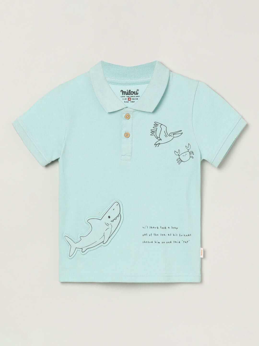 Milou Boys Cotton Bio-Washed Polo Neck T-Shirt Shark Print Mint Blue