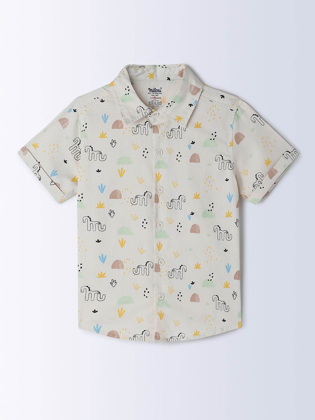 Milou Kids Cotton Half Sleeves All Over Printed Bio Washed Shirt for Boys -Off-White