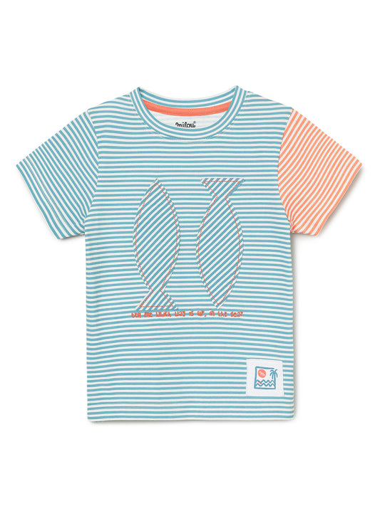 Milou Kids Half Sleeve Cotton Bio Washed Striped T-Shirt for Boys -White Alyssum