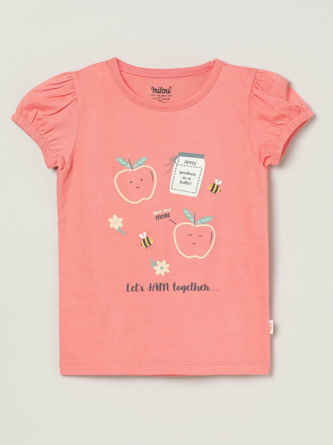 Baby Girl Peach Cotton T-Shirt | Puff Sleeve Apple Print | Milou Kids
