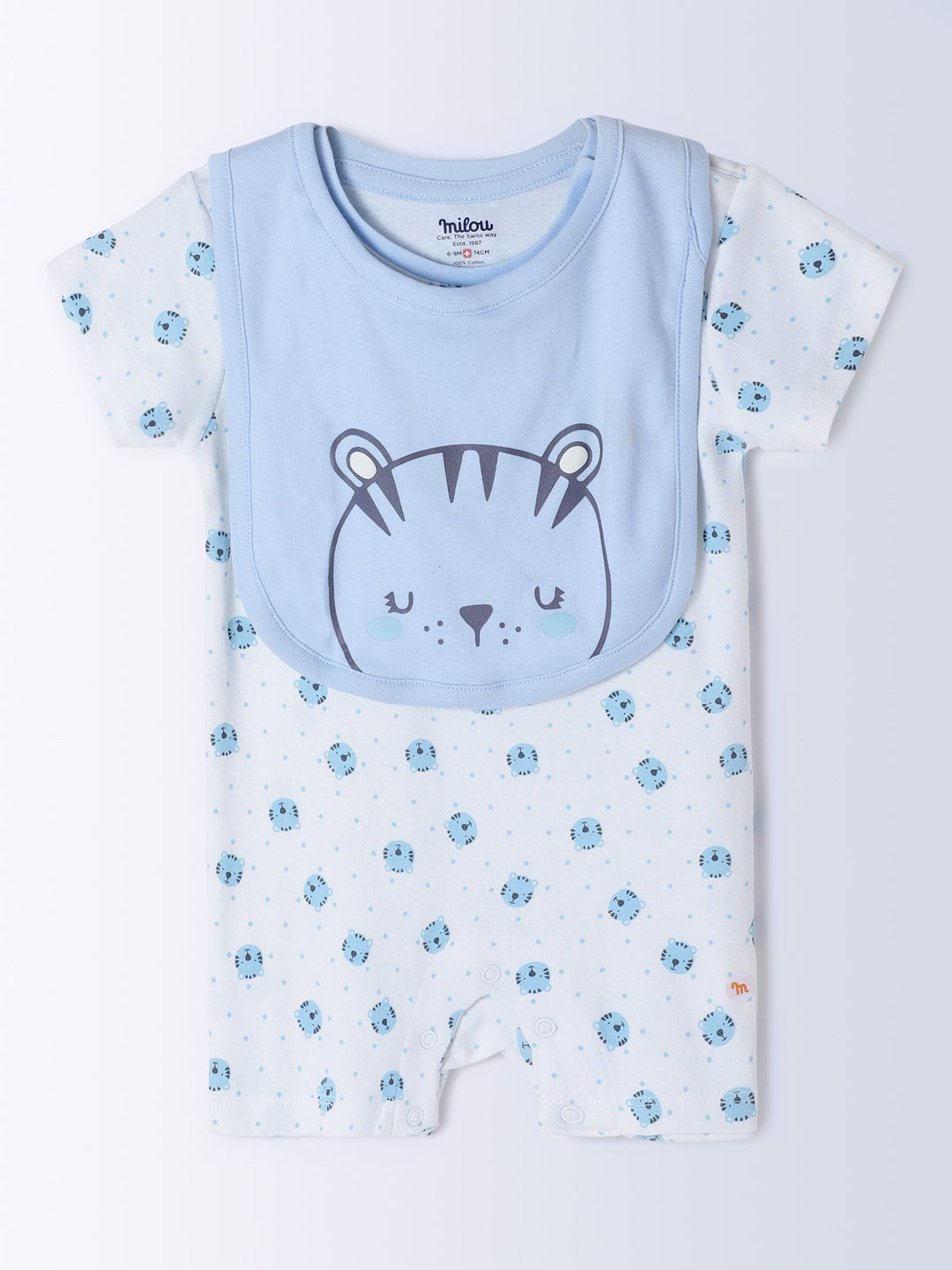 Milou Kids Cotton Bio Washed Self-Designed Printed Romper with Bib for Boys - White