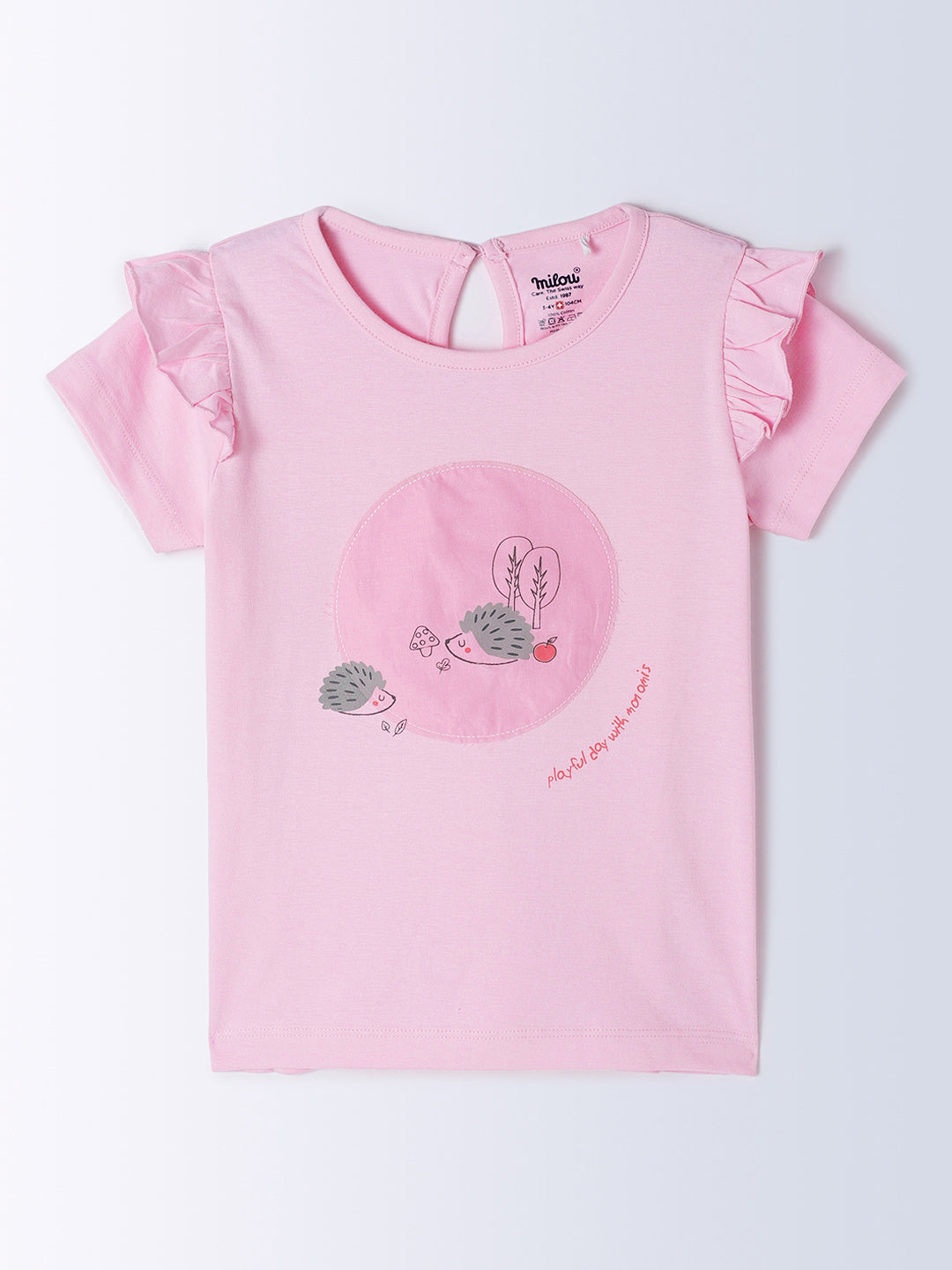 Milou Kids Cotton Short Sleeve Printed Solid Bio Washed T-Shirt for Girls - Pink