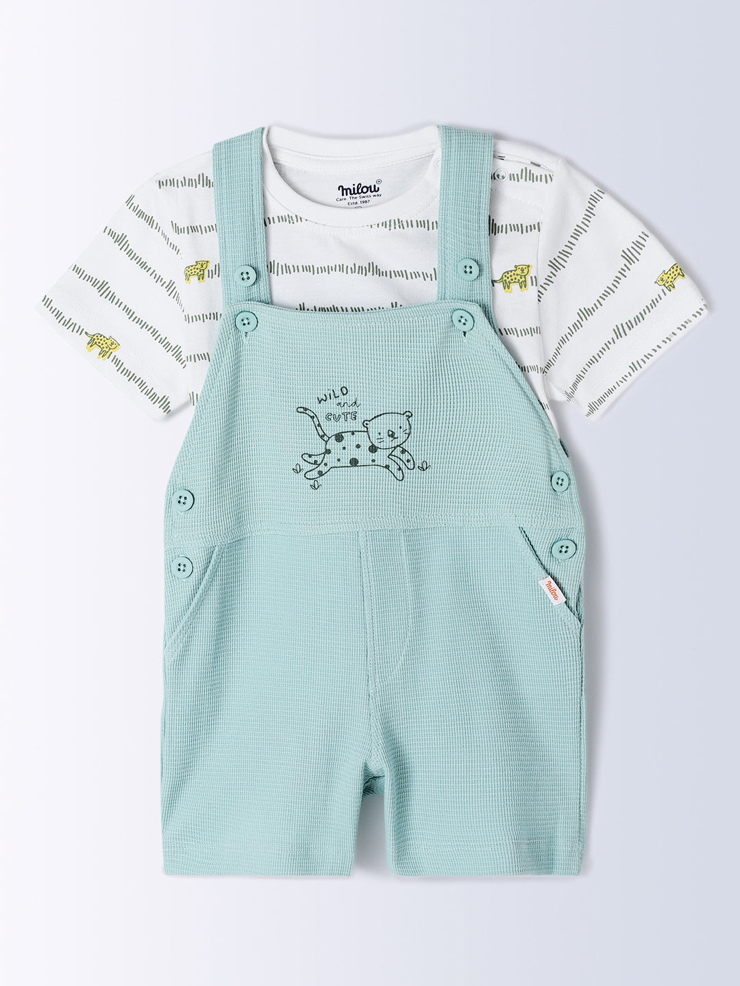 Milou Kids Cotton Bio Washed Half Sleeve Printed Dungaree Set for Boys - White & Green