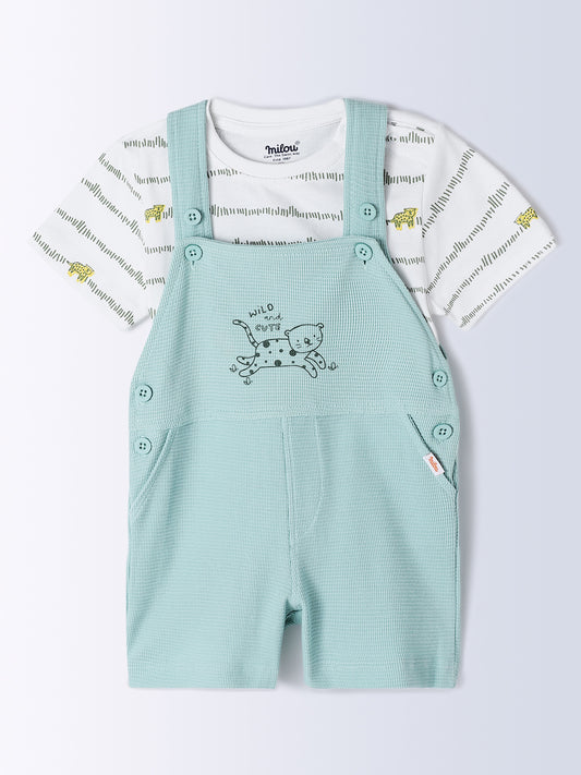 Milou Kids Cotton Bio Washed Half Sleeve Printed Dungaree Set for Boys - White & Green