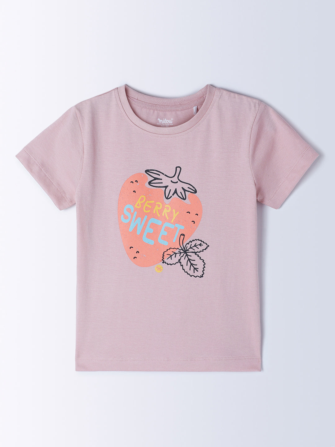 Milou Kids Cotton Bio Washed Half Sleeve Printed Rub and Smell T-Shirt for Girls - Pink