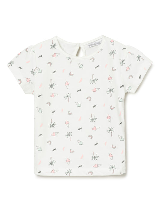 Milou Kids Cotton Bio Washed Printed Tshirt for Girls - White