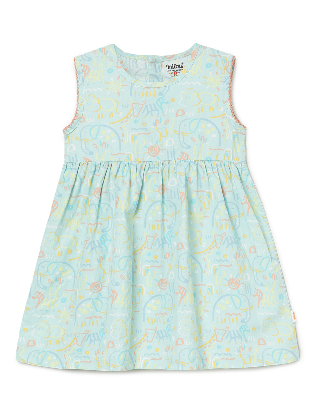 Milou Kids Cotton Printed Bio Washed Sleeveless Dress for Girls -Skylight