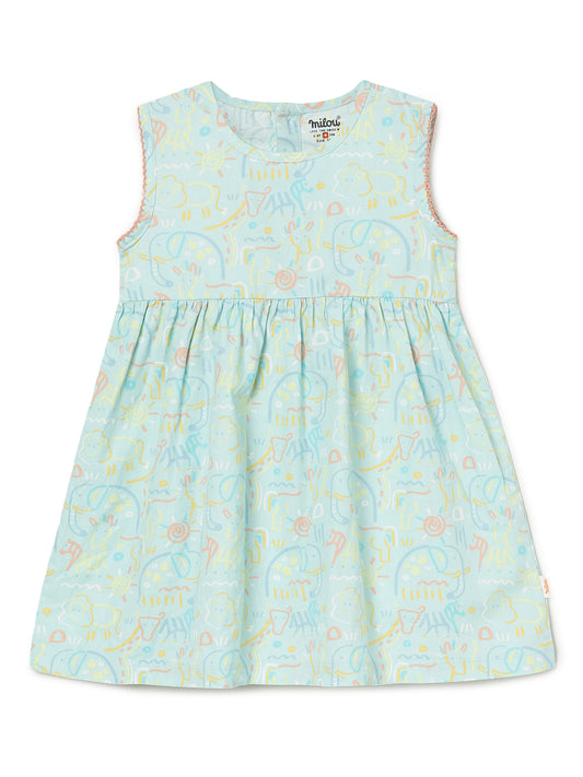 Milou Kids Cotton Printed Bio Washed Sleeveless Dress for Girls -Skylight