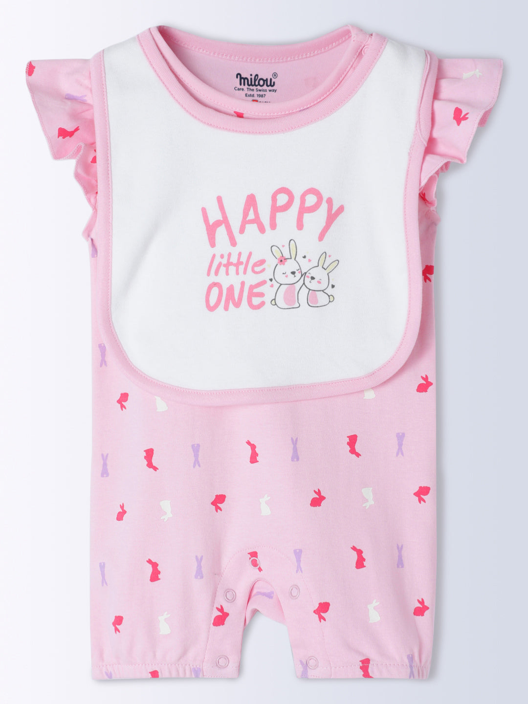 Milou Kids Cotton Bio Washed Self-Designed Printed Romper with Bib for Girls - Pink