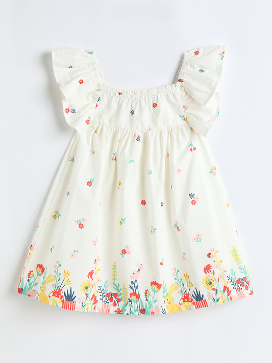 Milou Toddler Girls Cotton Printed Dress White Floral Print