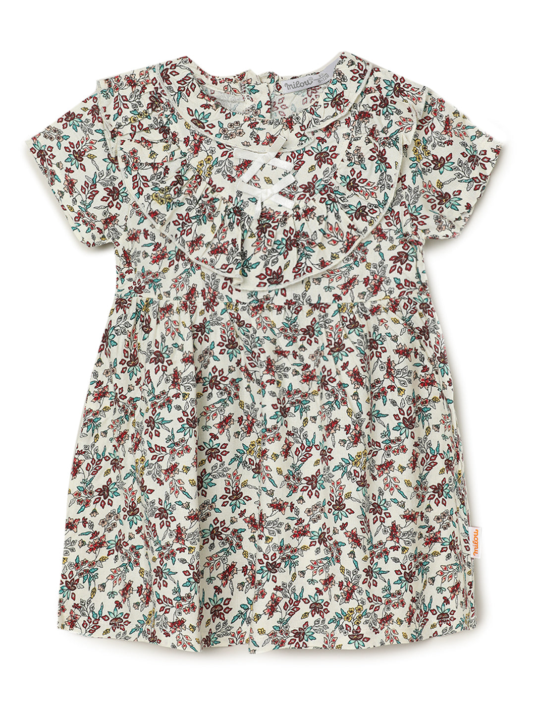 Milou Kids Cotton Printed Bio Washed Dress for Girls -Off White