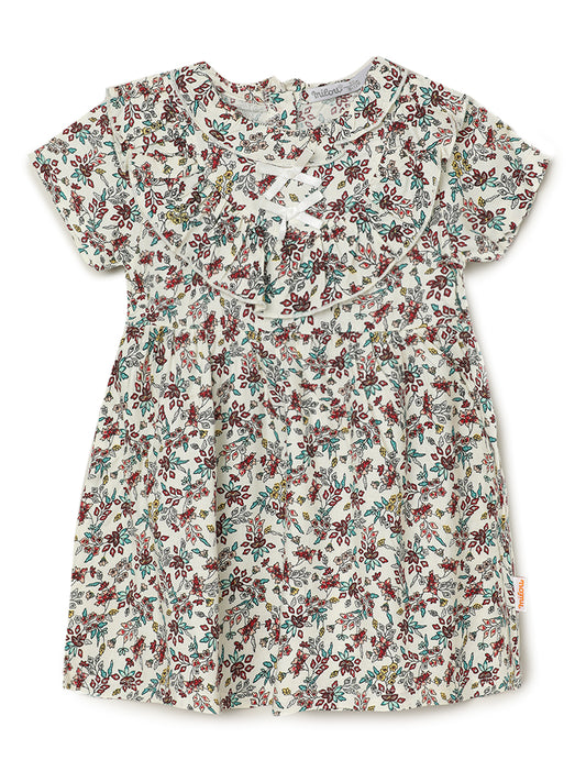 Milou Kids Cotton Printed Bio Washed Dress for Girls -Off White