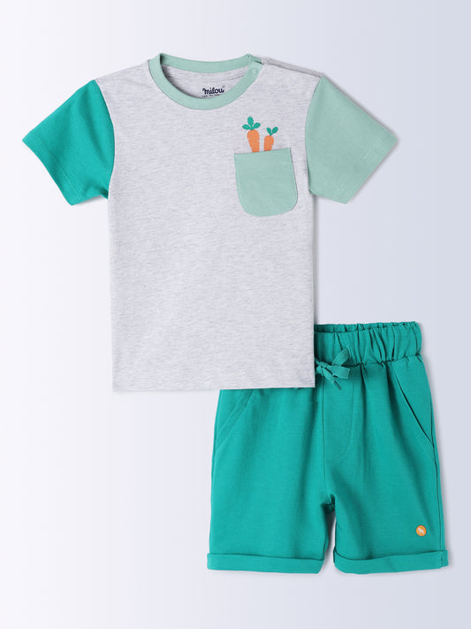 Milou Kids Cotton Bio Washed Half Sleeve Solid Bio Washed Tshirt & Shorts Co-ord Set for Boys - White & Green