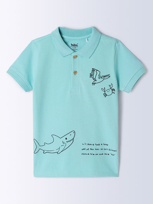 Milou Kids Cotton Bio Washed Half Sleeve Polo Neck T-Shirt for Boys - Light Blue
