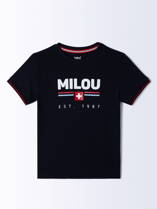 Milou Cotton Half Sleeves Bio Washed Printed T-Shirt - Navy