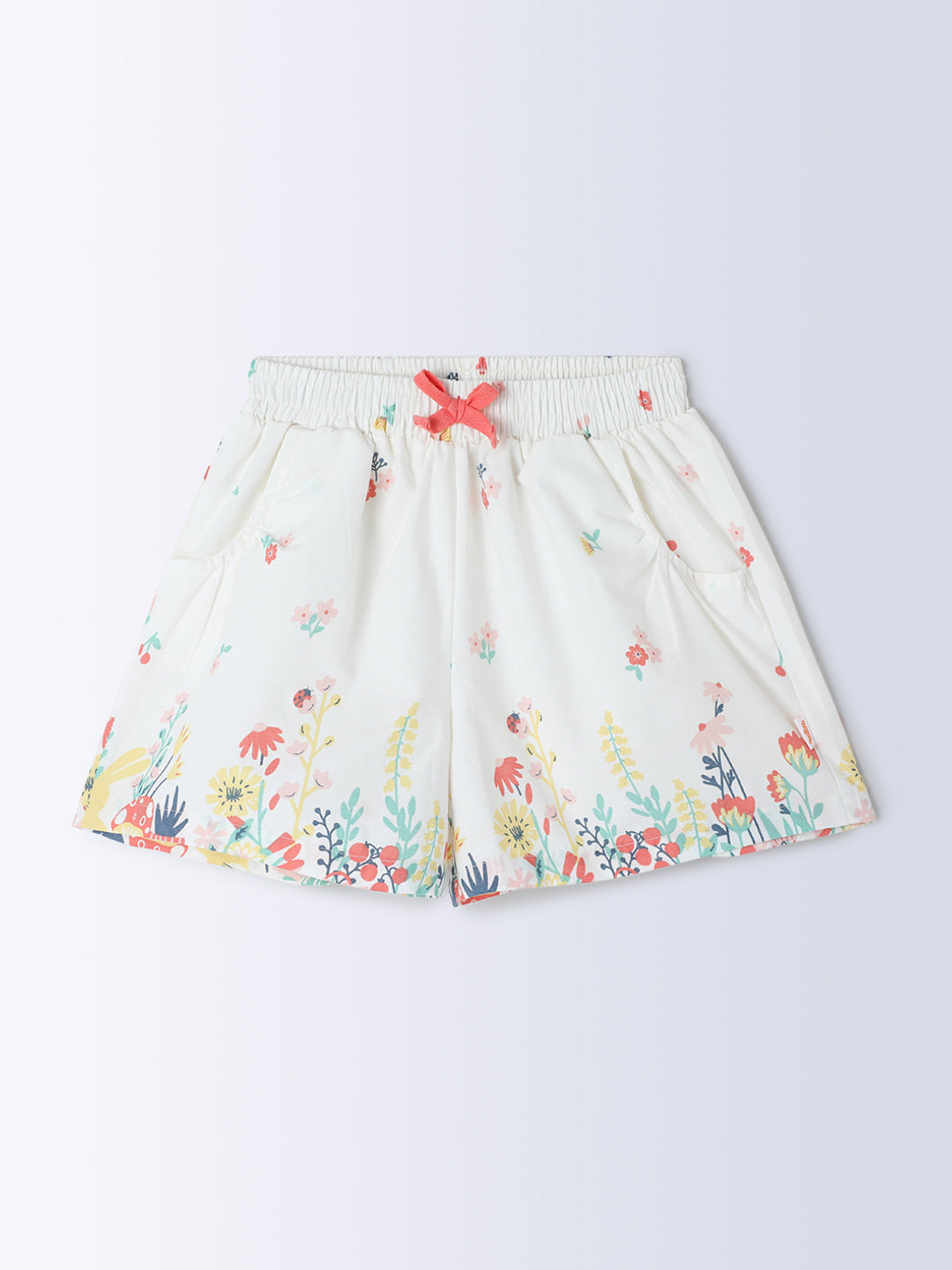 Milou Kids Cotton All Over Printed Mid Thigh Length Bio Washed Shorts for Girls -White