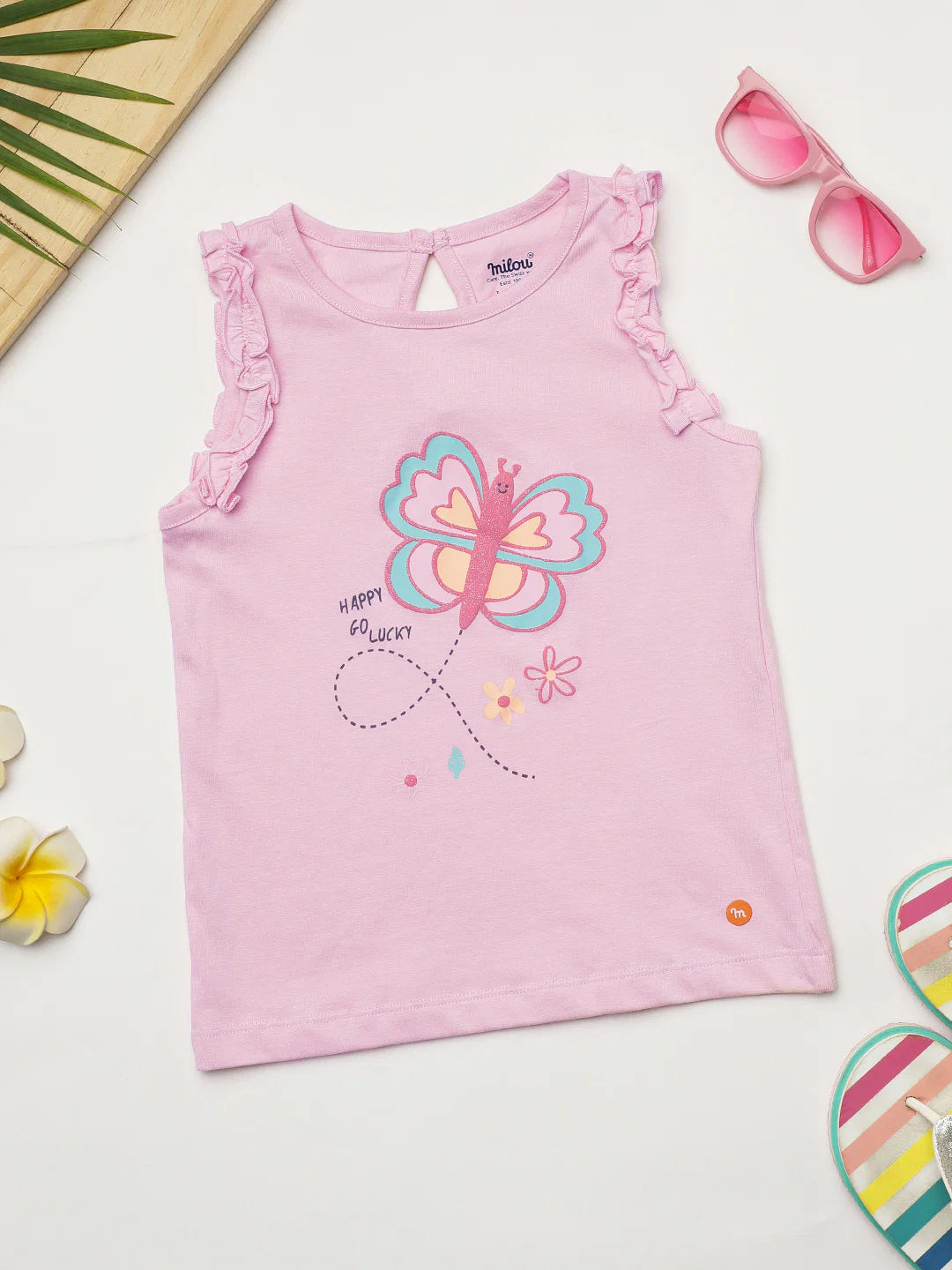 Milou Baby Girls Pink Sleeveless Cotton Top Butterfly Print