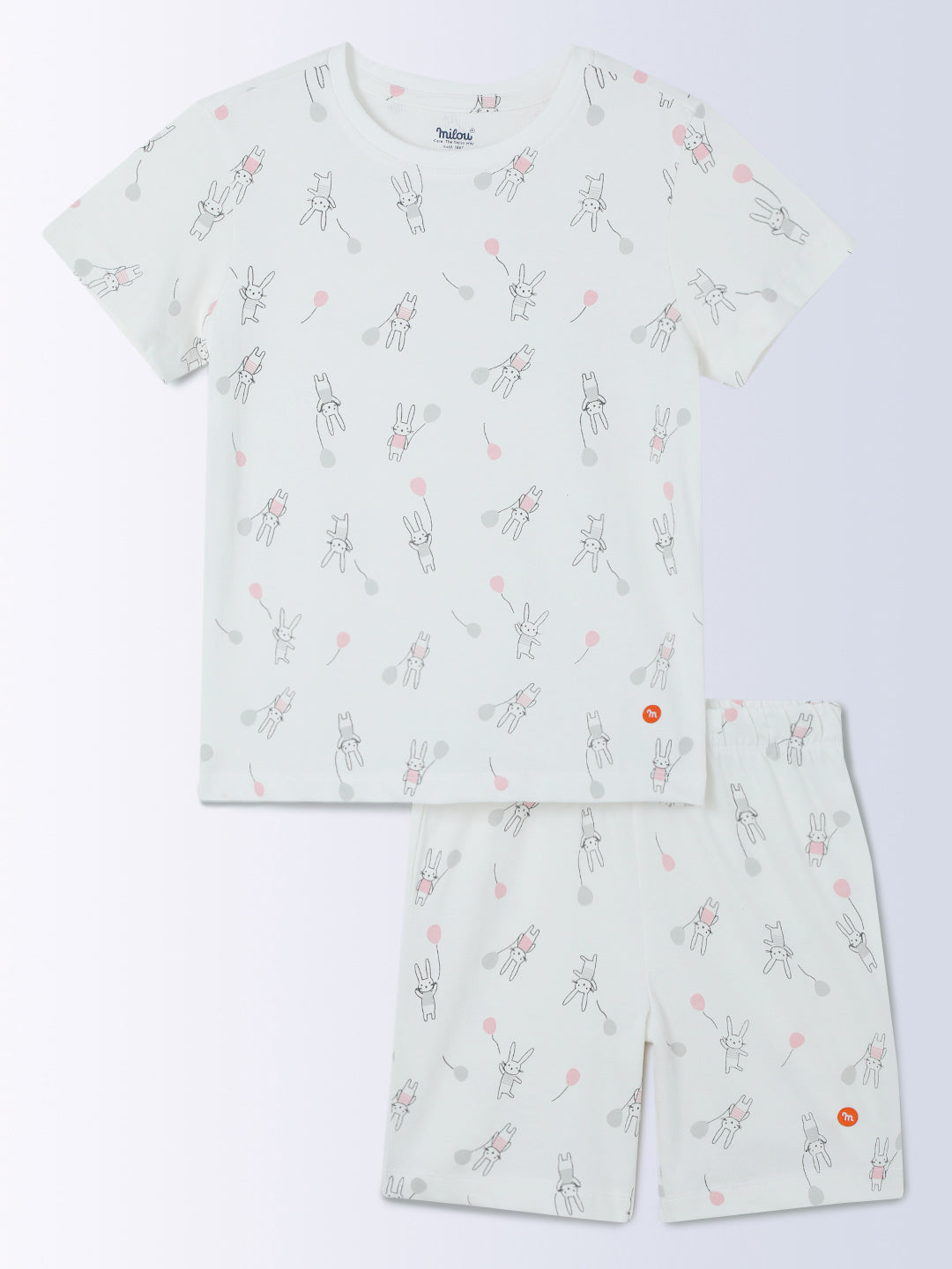 Milou Cotton Bio Washed Printed Short Sleeve Homewear T-Shirt And Pajama Set -Off White