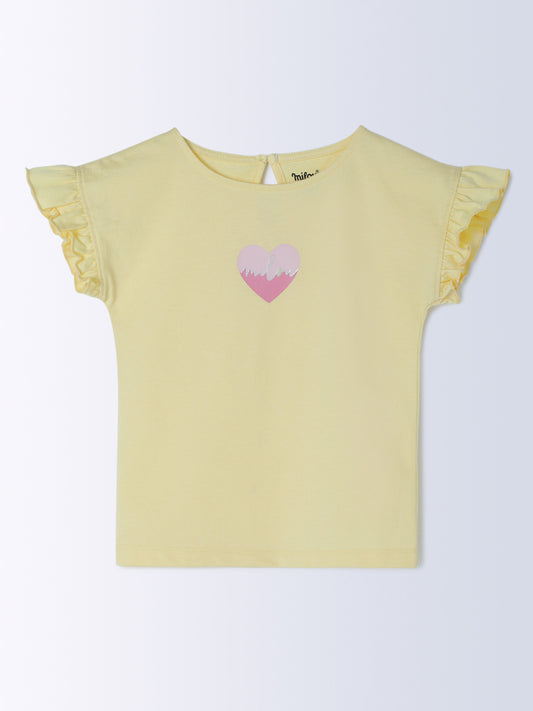 Milou Cotton Frilled Half Sleeves Bio Washed Placement Printed Top - Yellow