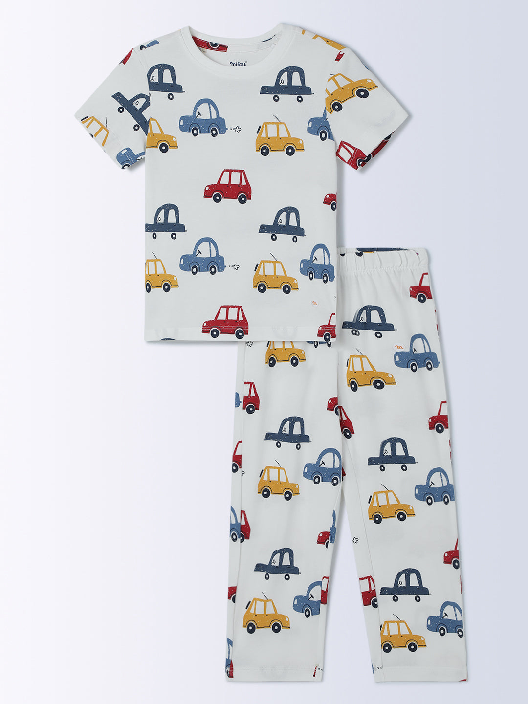 Milou Cotton Half Sleeves Bio Washed Printed Homewear T-Shirt And Pajama Set - White