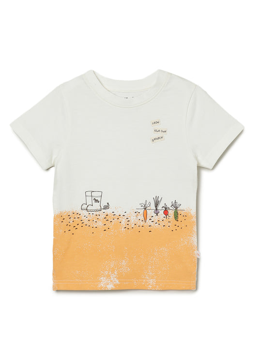 Milou Kids Half Sleeve Cotton Bio Washed Double Coloured Printed T-Shirt for Boys -White Alyssum