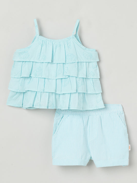 Milou Girls Flared Top & Shorts Co-ord Set Sky Blue Set