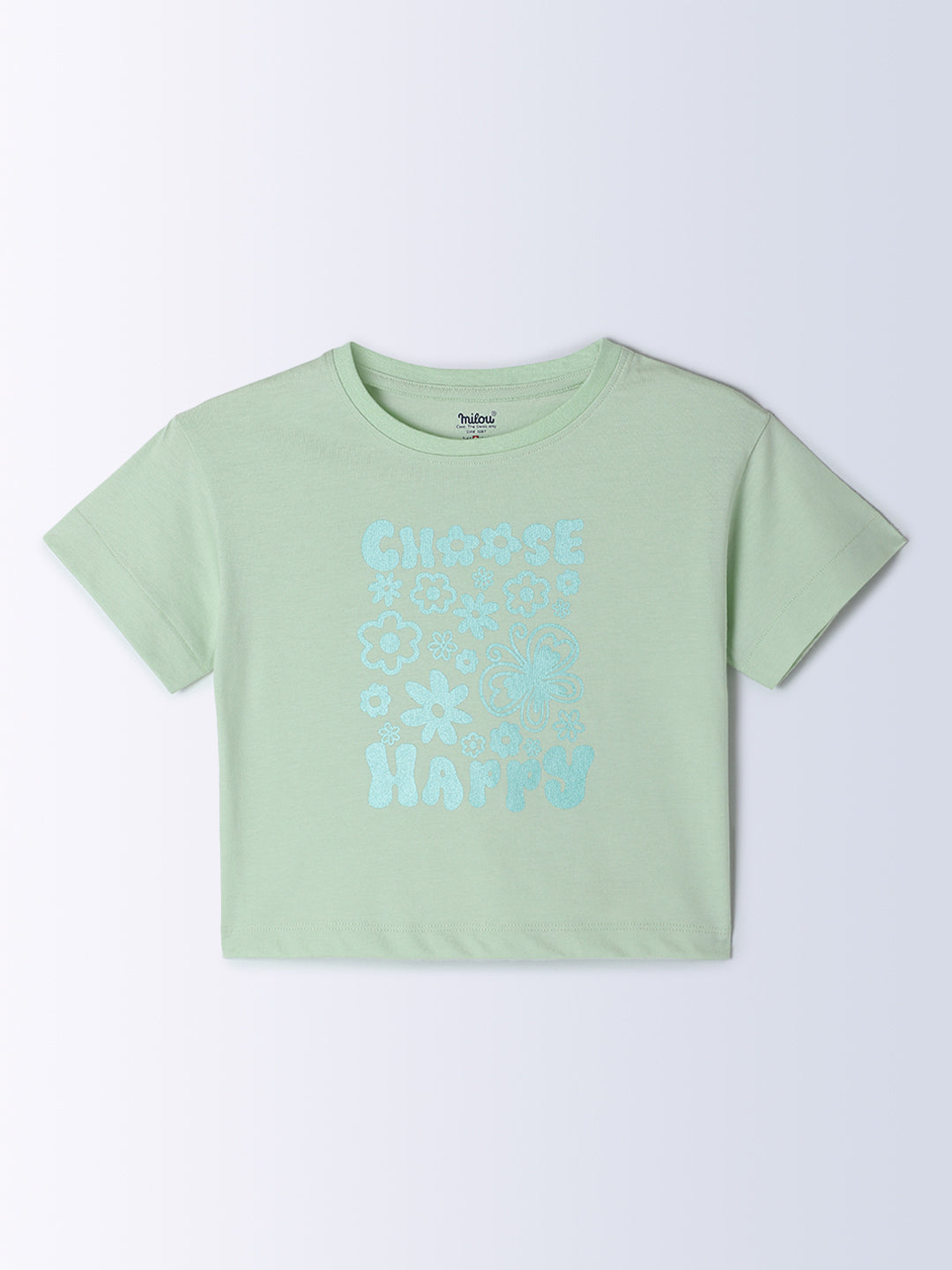 Milou Kids Cotton Half Sleeves Printed Crop Bio Washed Top for Girls -Blue