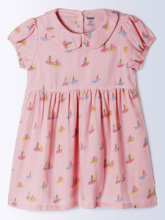 Milou Kids Cotton Short Sleeve Printed Bio Washed Dress for Girls - Pink
