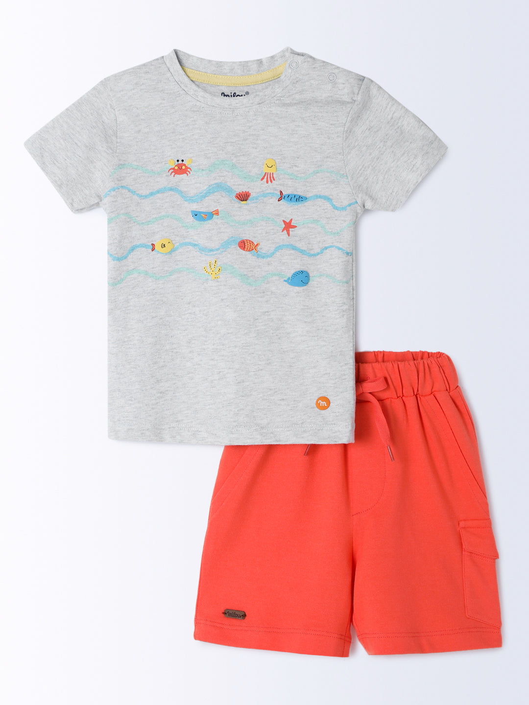 Milou Cotton Half Sleeve Bio Washed Printed T-Shirt and Shorts Set - Grey and Orange