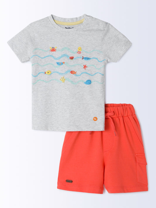 Milou Cotton Half Sleeve Bio Washed Printed T-Shirt and Shorts Set - Grey and Orange