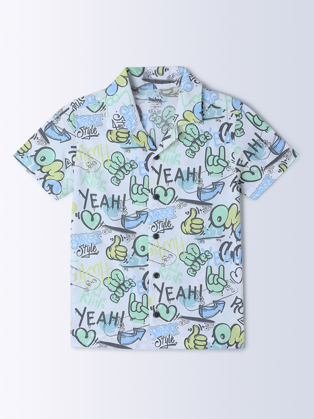 Milou Kids Cotton Half Sleeves All Over Printed Resort Collar Bio Washed Shirt for Boys SH-CU002