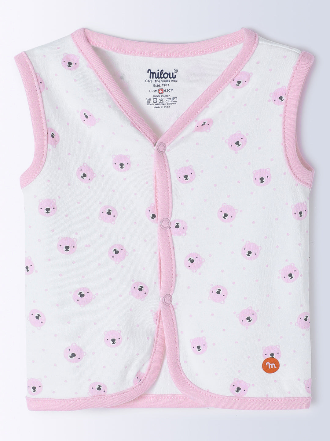 Milou Kids Cotton Bio Washed Bear Printed Pack of 3 Jabla for Boys & Girls - White