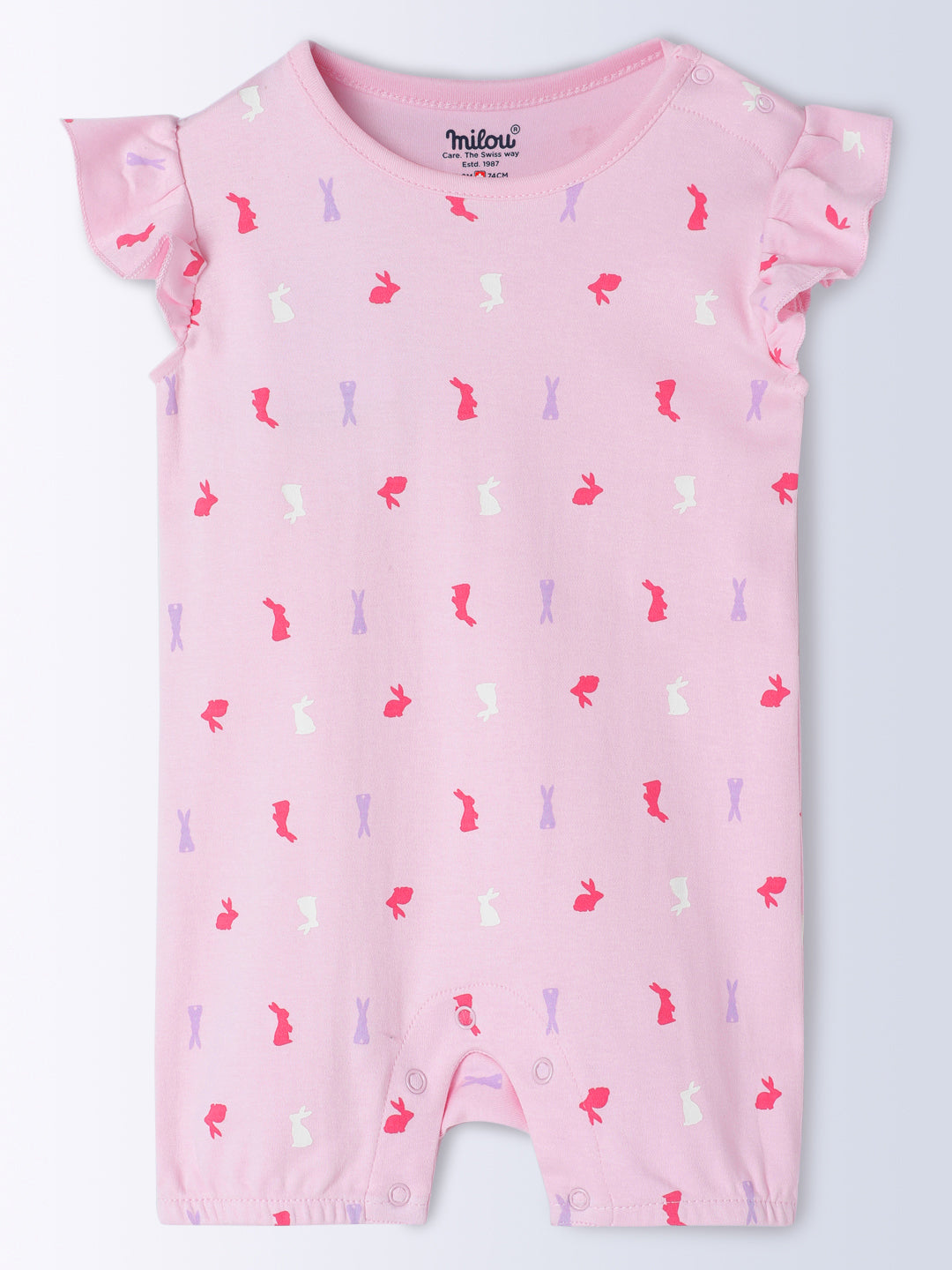 Milou Kids Cotton Bio Washed Self-Designed Printed Romper with Bib for Girls - Pink