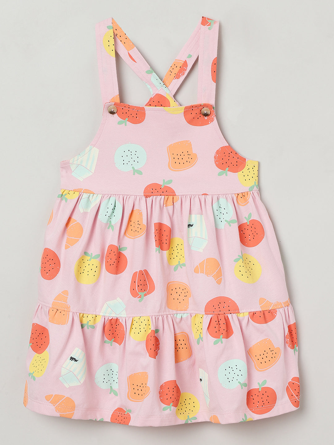 Milou Girls Cotton Printed Pinafore Set Pink Fruit Print Set