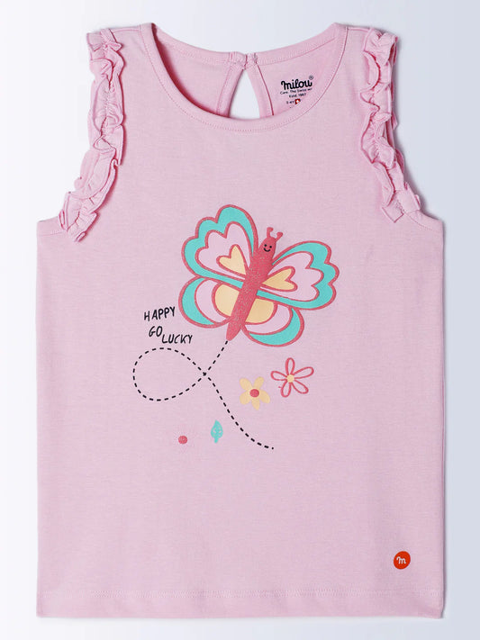 Milou Baby Girls Pink Sleeveless Cotton Top Butterfly Print