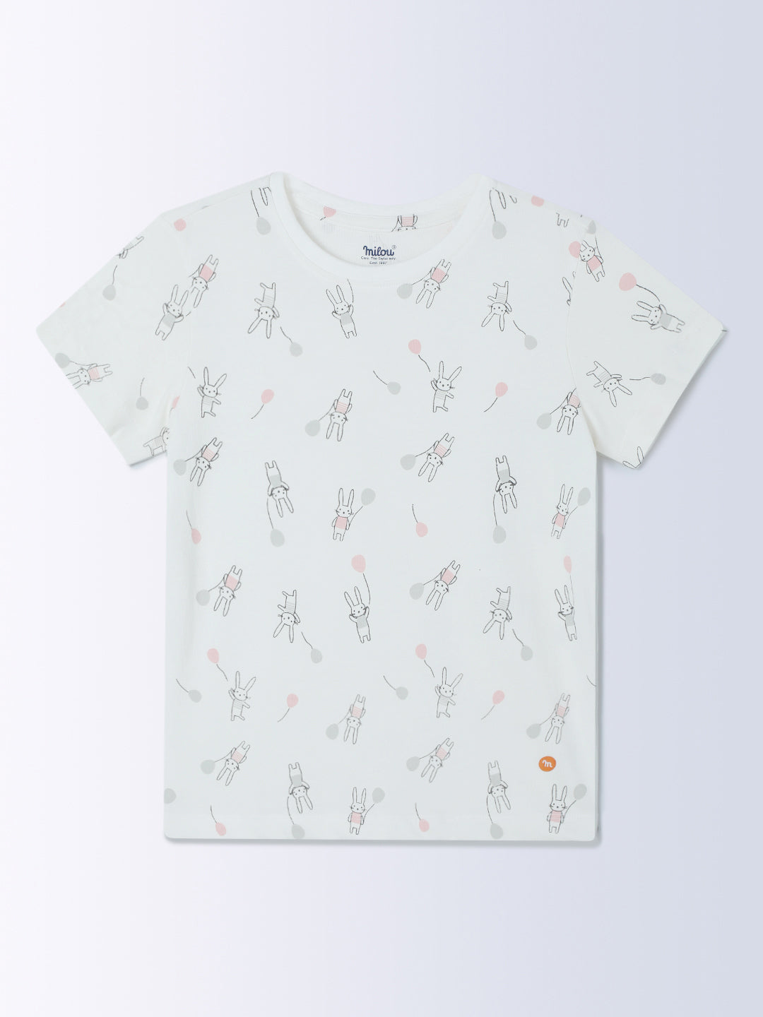 Milou Cotton Bio Washed Printed Short Sleeve Homewear T-Shirt And Pajama Set -Off White