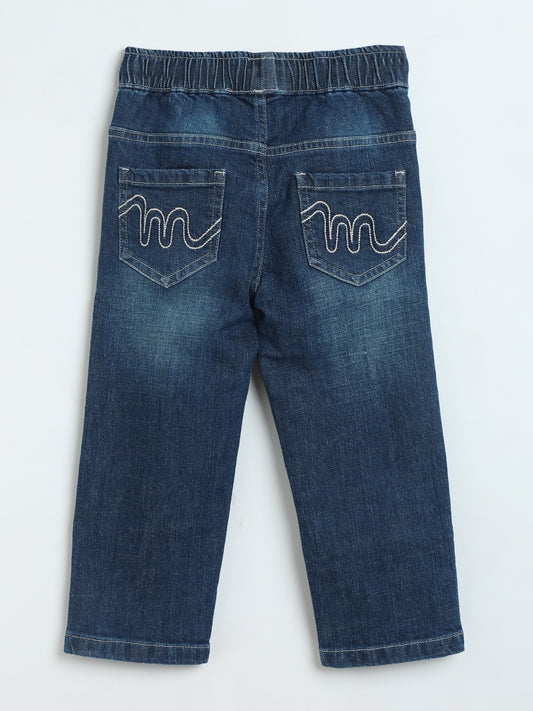 Boys Mid Blue Pullup Denim Pants | Soft Cotton Kids Casual Pants