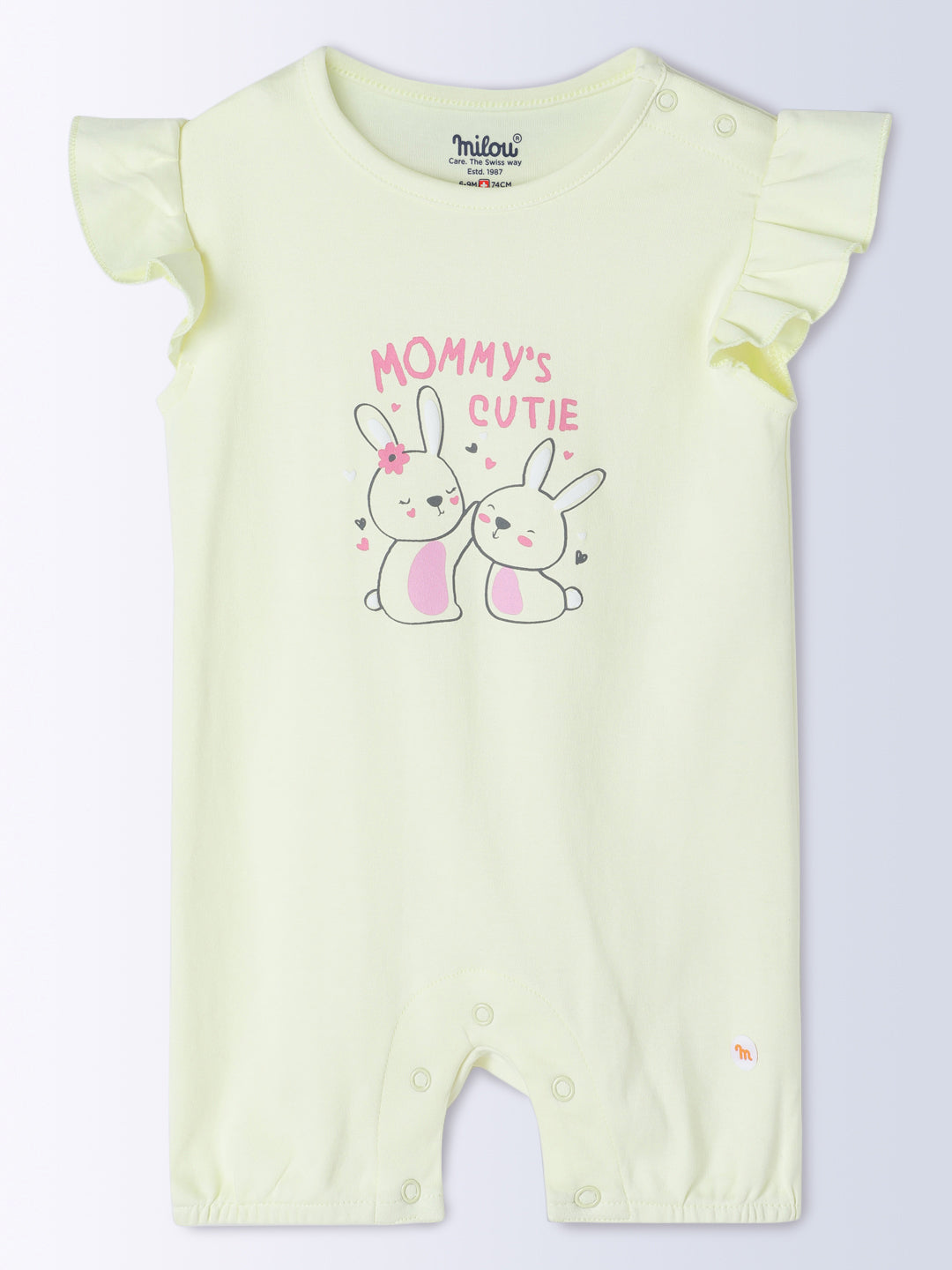Milou Kids Cotton Bio Washed Self-Designed Printed Romper with Bib for Girls - Lemon Yellow