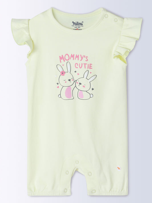 Milou Kids Cotton Bio Washed Self-Designed Printed Romper with Bib for Girls - Lemon Yellow