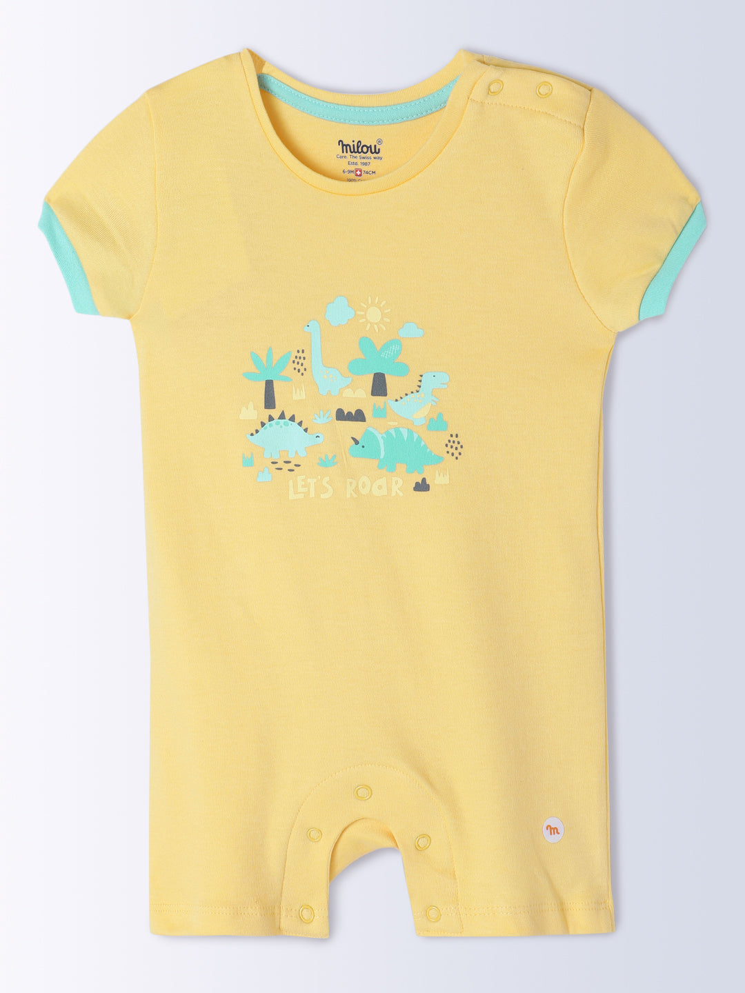 Milou Kids Cotton Bio Washed Self-Designed Printed Romper with Bib for Unisex - Yellow