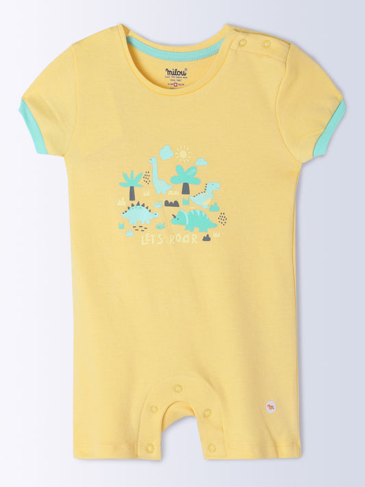 Milou Kids Cotton Bio Washed Self-Designed Printed Romper with Bib for Unisex - Yellow