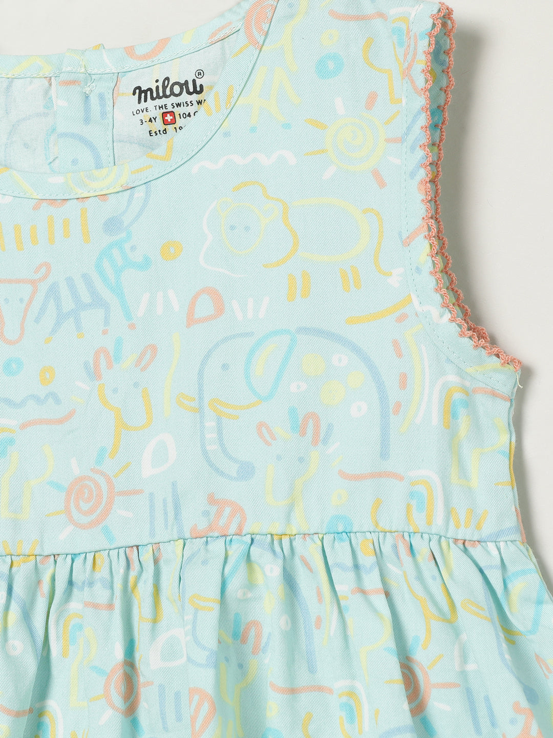 Milou Kids Cotton Printed Bio Washed Sleeveless Dress for Girls -Skylight